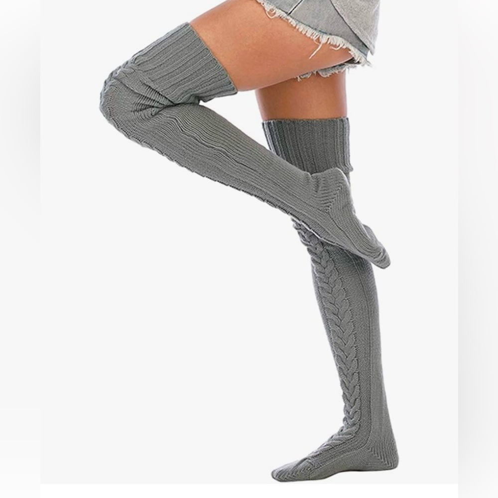 Gray Cable Knit Thigh High Leg Warmer Boot Socks